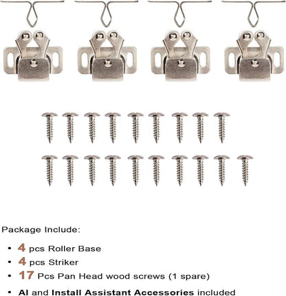 4 PCS Cabinet Latch Double Roller Catch Hardware for Cupboard Closet Cabinet Door Latches and Catches, Nickel
