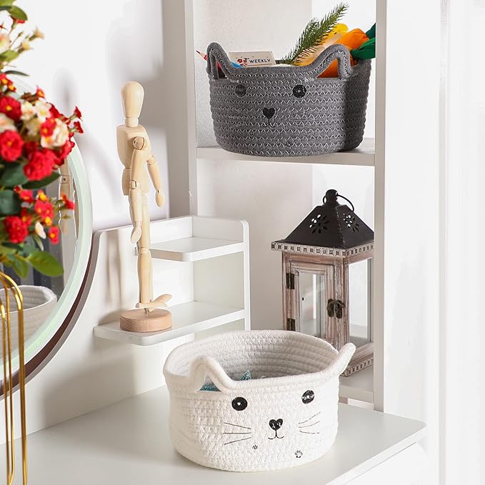 Zopeal Cat Basket Storage Woven Organizer with Ears Easter Decorative Gift Pet Toy Cute Cotton Rope Basket for Gift Cat Dog Toy Bin Nursery Room(8.3 x 4.7 Inch,Gray)