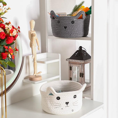 Zopeal Cat Basket Storage Woven Organizer with Ears Easter Decorative Gift Pet Toy Cute Cotton Rope Basket for Gift Cat Dog Toy Bin Nursery Room(8.3 x 4.7 Inch,Gray)