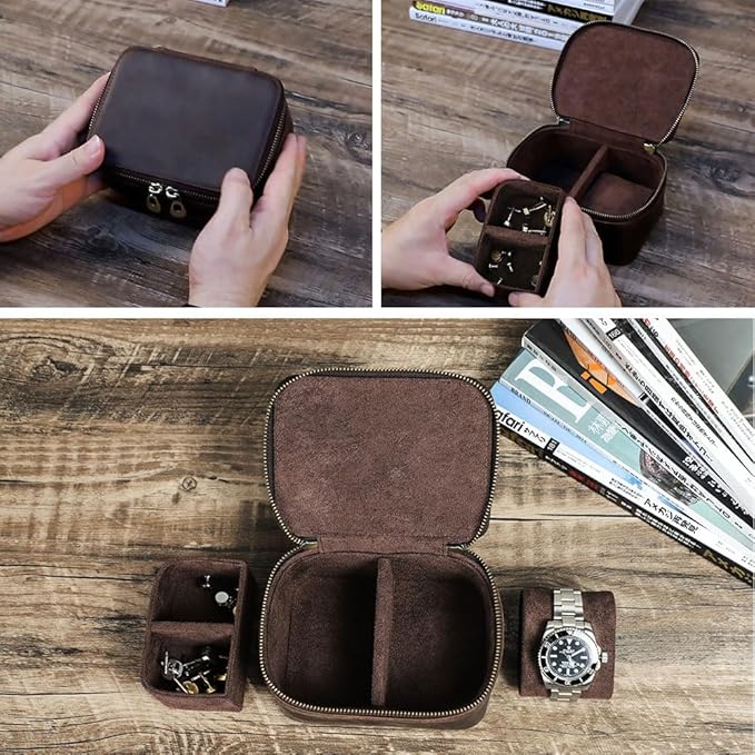 CONTACTS Crazy Horse Leather Watch Case and Cufflink Storage Box for Men Small Travel Zipper Jewelry Accessory Organizer