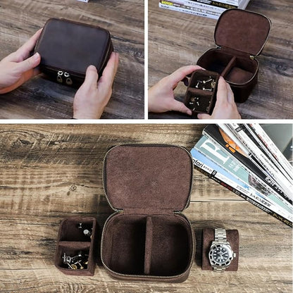 CONTACTS Crazy Horse Leather Watch Case and Cufflink Storage Box for Men Small Travel Zipper Jewelry Accessory Organizer