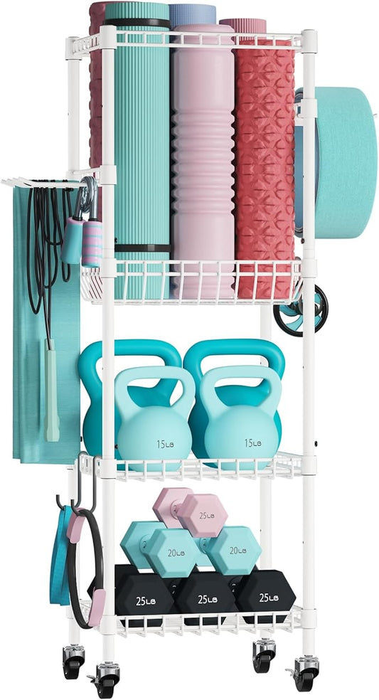 VOPEAK Home Gym Storage Rack with Wheels, Yoga Mat Storage Organizer for Kettlebells, Dumbbells, Resistance Bands, Space Saving 3-Tier Weight Rack for Home Gym, Garage, Easy to Install