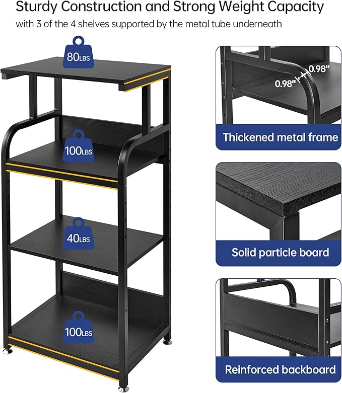 Printer Stand with Adjustable Shelf, 4 Tier Large Tall Printer Table with Wheels for Home Office Storage and Organization, Rolling Stand Cart for Computer Tower CPU Shredder, Black