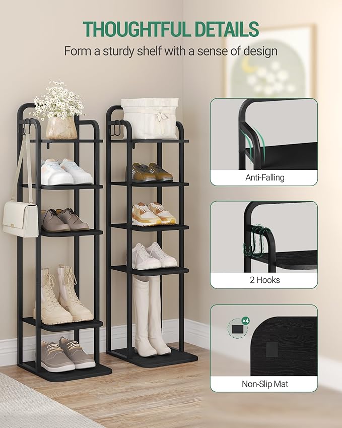 Vertical Shoe Rack, Shoe Shelves, Wood Shoe Organizer for Closet, Entryway, Shoe Tower for Small Spaces, Free Standing, Adjustable, with 2 Hooks, 6 Tier Black SR04204B