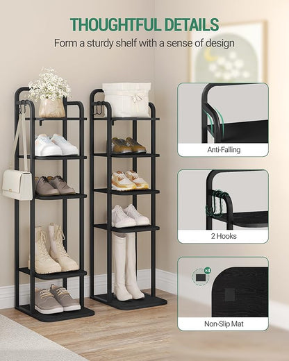 Vertical Shoe Rack, Shoe Shelves, Wood Shoe Organizer for Closet, Entryway, Shoe Tower for Small Spaces, Free Standing, Adjustable, with 2 Hooks, 6 Tier Black SR04204B