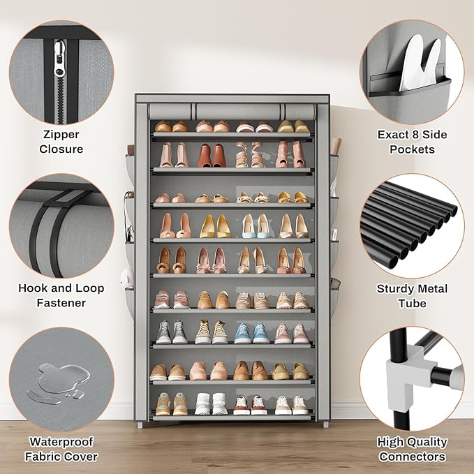 Shoe Rack with Cover, 10 Tier Shoe Organizer Storage for 40-50 Pairs Sneaker and Boots, Large Capacity, with 8 Pockets, Free Standing Tall Shoe Rack for Front Door Entrance, Closet, Grey