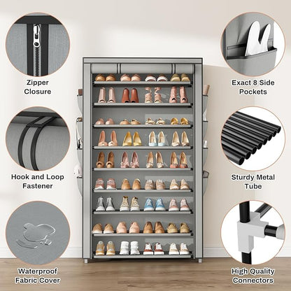 Shoe Rack with Cover, 10 Tier Shoe Organizer Storage for 40-50 Pairs Sneaker and Boots, Large Capacity, with 8 Pockets, Free Standing Tall Shoe Rack for Front Door Entrance, Closet, Grey