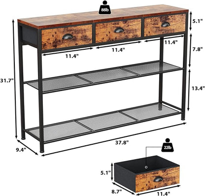 Furologee Entryway Table, 38'' Console Sofa Table with 3 Fabric Drawers, Industrial Entry Way Table with Storage Shelves, Display Shelf for Living Room, Hallway, Entrance, Foyer, Rustic Brown
