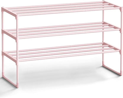 SONGMICS Shoe Rack, 3-Tier Shoe Organizer, Metal Storage Shelf, Upright or Upside Down, for 16-20 Pairs, Stackable, for Entryway, 11.8 x 36.2 x 21.7 Inches, Jelly Pink ULSA303S01
