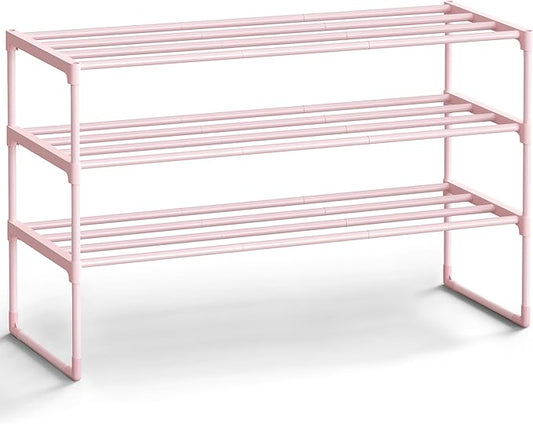 SONGMICS Shoe Rack, 3-Tier Shoe Organizer, Metal Storage Shelf, Upright or Upside Down, for 16-20 Pairs, Stackable, for Entryway, 11.8 x 36.2 x 21.7 Inches, Jelly Pink ULSA303S01