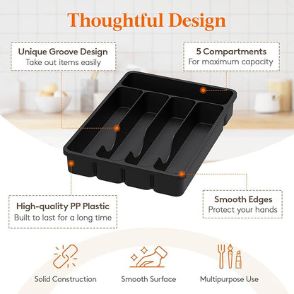 Lifewit Silverware Organizer with Lid, Covered Utensil Tray for Kitchen Drawer and Countertop, Plastic Cutlery and Flatware Storage Box for Spoons Forks Knives Holder Case, 23 x 32 cm, Black