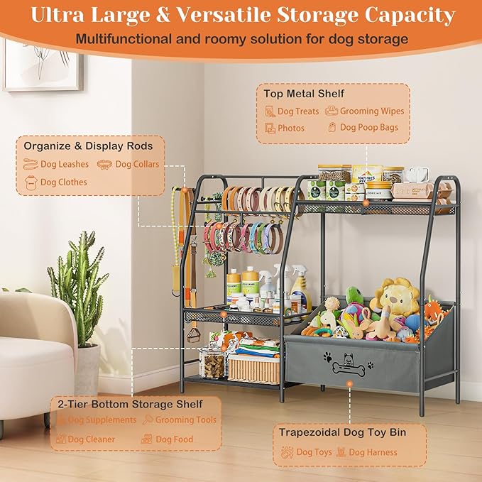 Large Dog Toy Basket with Dog Storage Organizer, Trapezoid Toy Bin Box with Collar Leash Holder Hook, Dogs Toy Holder Chest Pet Storage Cabinet for Living Room Dogs Essentials