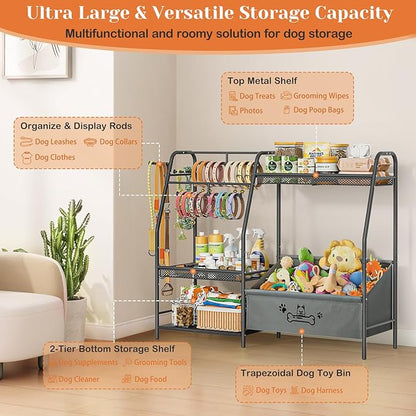 Large Dog Toy Basket with Dog Storage Organizer, Trapezoid Toy Bin Box with Collar Leash Holder Hook, Dogs Toy Holder Chest Pet Storage Cabinet for Living Room Dogs Essentials