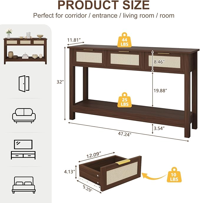 Luoxiao Console Table for Entryway with 3 Rattan Drawers Boho Entry Table with Storage Open Shelf, Narrow Long Sofa Tables for Living Room, Hallway, Foyer, Couch, Front Door, Walnut, 47 Inch