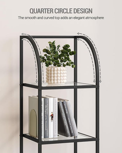 Bookcase Bookshelf, Tempered Glass Arched Bookshelf for More Storage, Slim Shelving Unit for Bedroom, Bathroom, Home Office, Steel Frame, 5 Tier Black BC20599B