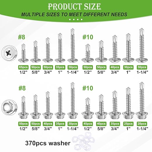 mxuteuk 1600PCS #8#10 Self Tapping Screws,410 Stainless Steel Self Drilling Screws for Metal,Truss Head & Hex Head 1/2" to1-1/4'' Self Tapping Screw for Plastic with 800PCS Washer