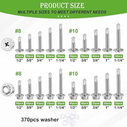 mxuteuk 1600PCS #8#10 Self Tapping Screws,410 Stainless Steel Self Drilling Screws for Metal,Truss Head & Hex Head 1/2" to1-1/4'' Self Tapping Screw for Plastic with 800PCS Washer