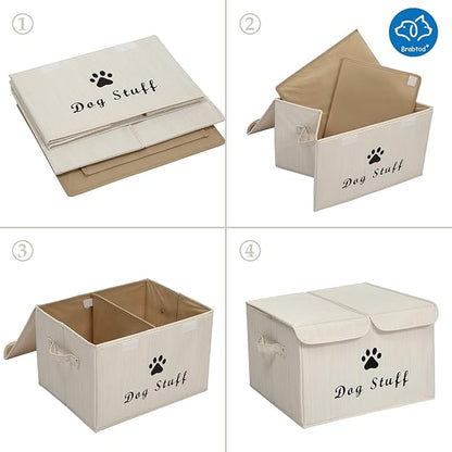 Large Dog Toys Storage Box Canvas Storage Basket Bin Organizer with Lid - Collapsible Linen Bin Ideal for Organizing Dog Cat Toys and pet Stuff-PP Boad-17" x 12" x 10" - Slub Beige