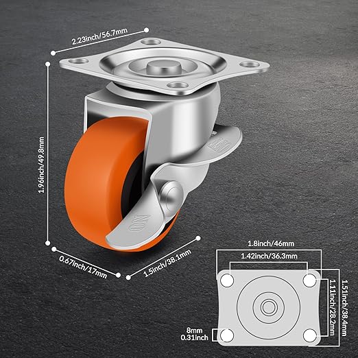 Caster Wheels, 1.5 Inch Casters Set of 16, Heavy Duty Caster with Brake, Locking Castors with Polyurethane Wheel,Small Plate Swivel Castor Wheels for Furniture Carts，Luggage, Pack of 16