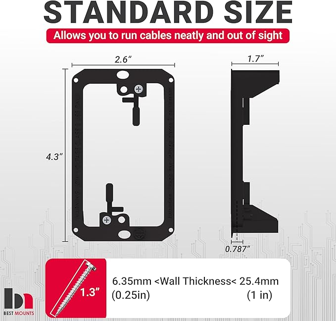 BestMounts Low Voltage Mounting Bracket 1 Gang, 1 Pack for Single Gang Wall Plate, Telephone Wires, Network Cables, HDMI, Coaxial, Speaker Cables - Low Voltage Box Cable Wall Plate Bracket, Mud Ring