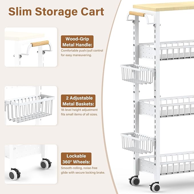 7.8 Inch Ultra-Slim 4-Tier Rolling Storage Cart with Adjustable Shelves - Lockable Wheels & Wooden Top for Narrow Spaces Between Washer/Dryer, Bathroom, Kitchen Organization (White)