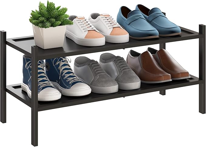 BMOSU 2-Tier Bamboo Shoe Rack Premium Stackable Shoe Shelf Storage Organizer for Hallway Closet Living Room Entryway Organizer(Black)