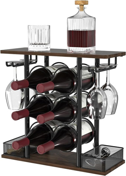Countertop Wine Rack, 3 Tier Wood & Metal Small Wine Rack Up to Hold 6 Bottles and 4 Glasses, Wine Bottle Holder for Home Bar Tabletop Kitchen Cabinet, 6.29" D x 16.14" W x 15.82" H