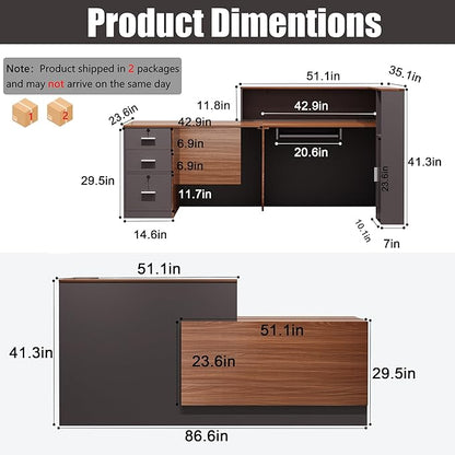 L-Shaped Reception Desk with Lockable Drawers, Adjustable File Cabinet & Keyboard Tray, Modern Front Counter for Office, Salon, or Lobby (Right-L Walnut/Slate Gray, 86.6''L x 23.6''W x 41.3''H)