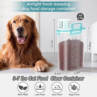 Airtight Small Cat Dog Pet Food Storage Containers BPA Free, with Large Pour Spout/1 Measuring Cup/ 4 Safety Locks and Double-layer Silicone Strip (Clear Blue x 2, 3L-2pack)