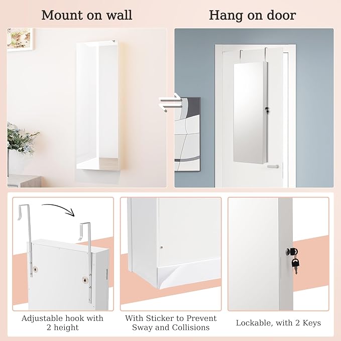Mirror Jewelry Cabinet,Lockable Wall or Door Mounted Jewelry Armoire Organizer With Built-up Mirror,LED Lights, Drawers,Cosmetic Trays,Shelves, 14.4"x3.15"x 43.1"（White）