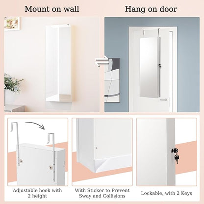 Mirror Jewelry Cabinet,Lockable Wall or Door Mounted Jewelry Armoire Organizer With Built-up Mirror,LED Lights, Drawers,Cosmetic Trays,Shelves, 14.4"x3.15"x 43.1"（White）