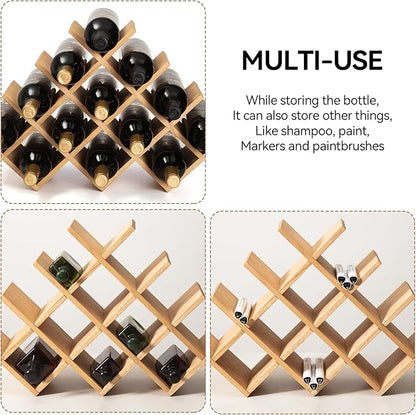KIRIGEN Wooden 13-Bottle Wine Rack - Nature Wood 4-Tier Wine Display Rack/Free Standing and Countertop Storage Shelf - Bottle Holder/Cabinet Glass XHJJ4-NA