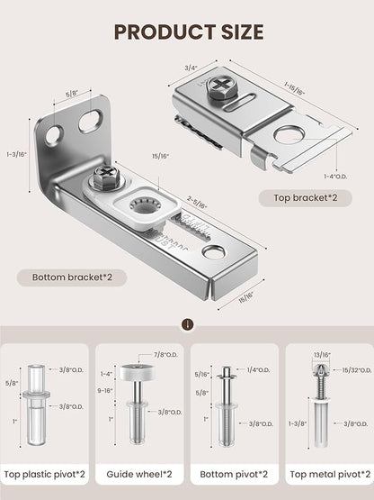 Bifold Door Hardware Repair Kit - 2 Pack Bi-fold Sliding Closet Door Hardware Kit for 7/8" to 1" Track, Folding Pocket Door Replacement Parts Set Include Top Bottom Pivots Bracket and Guide Wheel