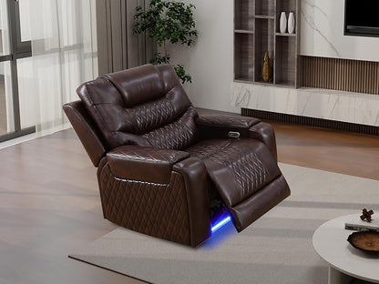 Living Room Sofa Set, Brown Breathing Leather Power Recliner Sofa Couches, Living Room Furniture Sets Power Recliner Chair with Cup Holder/LED Light/USB Port for Apartment, Office, Rv Car