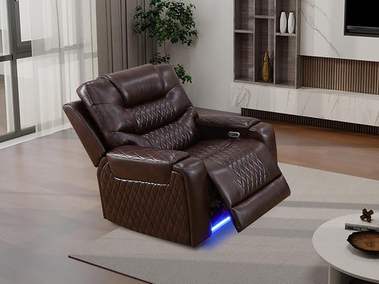 Living Room Sofa Set, Brown Breathing Leather Power Recliner Sofa Couches, Living Room Furniture Sets Power Recliner Chair with Cup Holder/LED Light/USB Port for Apartment, Office, Rv Car
