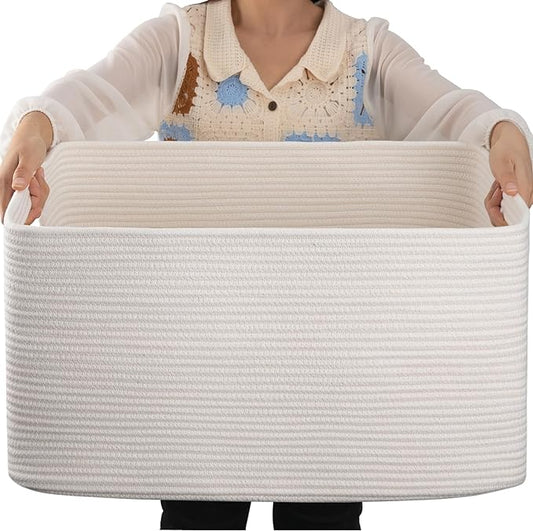 OIAHOMY 75L Large Blanket Basket, Woven Cotton Rope Baskets for Organizing, 22”x17”x12”, Blanket Basket living Room, Bedroom, Nursery, Dog Toy Storage Bins, White