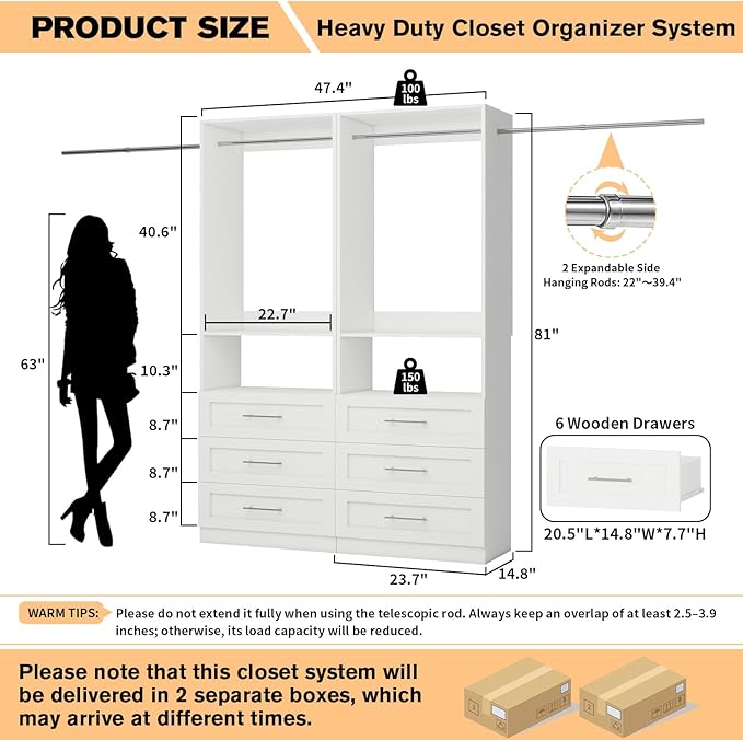 Closet System with 2 Sets, 4FT-10FT Customizable Closet Organizer System with 6 Wooden Drawers & 2 Shelves, Walk-in Closet or Freestanding Tower Closet Storage System with 4 Hanging Rods, White