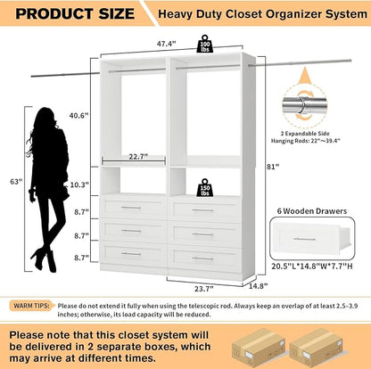 Closet System with 2 Sets, 4FT-10FT Customizable Closet Organizer System with 6 Wooden Drawers & 2 Shelves, Walk-in Closet or Freestanding Tower Closet Storage System with 4 Hanging Rods, White
