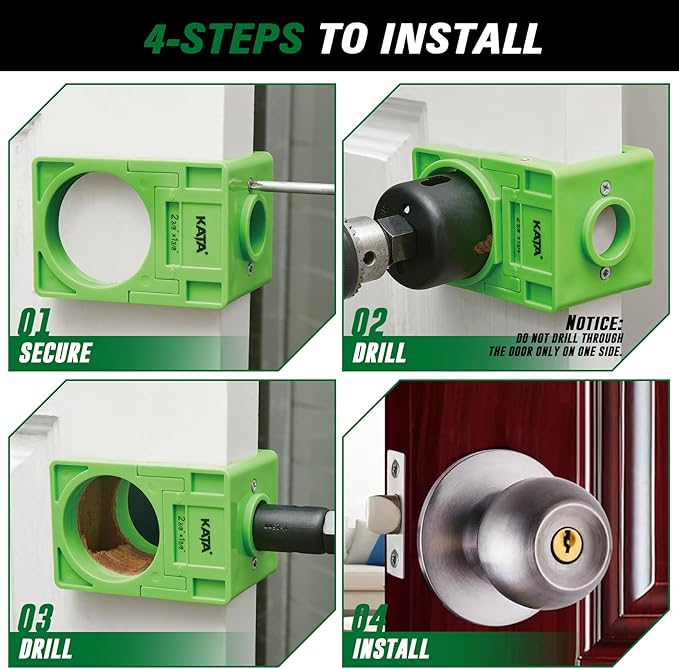 KATA 1-3/8" - 1-3/4" Door Lock Installation Kit with Large Chip-Clearance Slots, Door Lock Hole Saw for Deadbolts and Locksets for Wooden Doors with Guide Template, Carbon Steel, Green