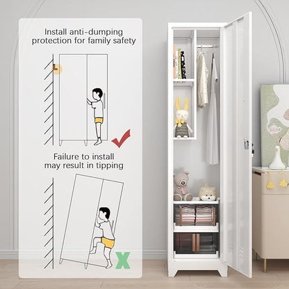 GREATMEET Broom Closet Storage Cabinet, Metal Utility Cabinet, Tall Laundry Room Cabinet, Slim Storage Cabinets for Laundry, Living Room, Office, White