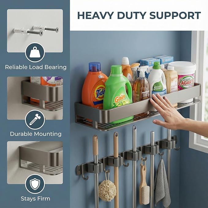 Wall Mount Organizer with Heavy-Duty Hooks and Sturdy Shelf - Holds Brooms, Mops, Vacuums & Cleaning Supplies. Perfect for Laundry Room Organization, Garage Storage, and Closet Shelving（24 inches）
