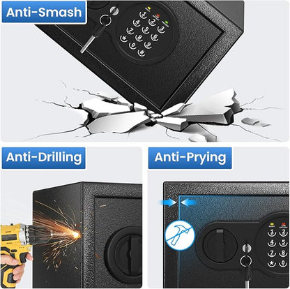 Safe Box with Fireproof Waterproof Bag, Home Safe with Keys & Pass Code & Wall Mount Kits, Money Safe with Smart Alert System for Money, Jewelry, and Documents, 0.5 Cu ft