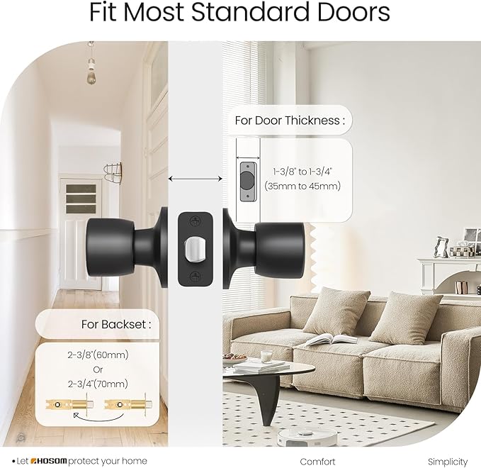 HOSOM 6 Pack Passage Door Knob, Matte Black Door Knobs Keyless Doorknobs for Interior Door, Black Door Handles