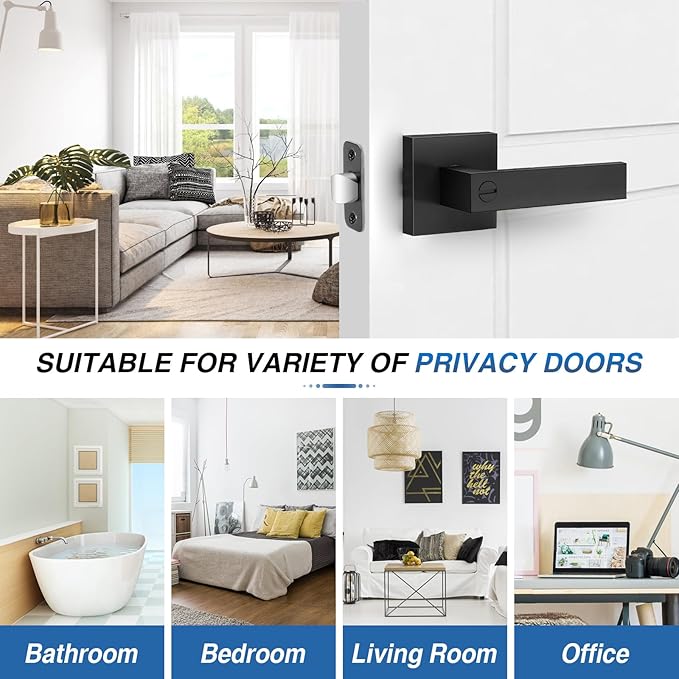 2 Pack Matte Black Door Handles, Keyless Interior Door Knobs, Privacy Door Lever Locksets for Bedroom Bathroom, Heavy Duty Square Door Lock (2.0lb), Reversible for Left&Right Handled Doors