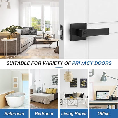 2 Pack Matte Black Door Handles, Keyless Interior Door Knobs, Privacy Door Lever Locksets for Bedroom Bathroom, Heavy Duty Square Door Lock (2.0lb), Reversible for Left&Right Handled Doors