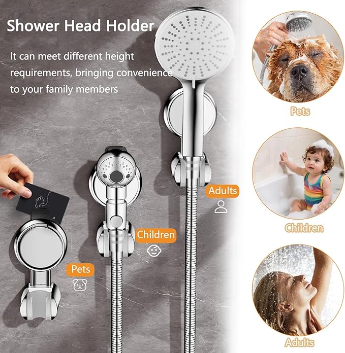 Resdenio Shower Head Holder - Strong Suction Cup No Drilling Showerhead Bracket Waterproof Handheld Shower Holder, Adjustable Wand Holder for RV, Kids, Bathroom (Silver)