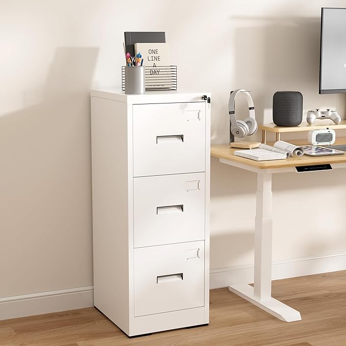 3 Drawer File Cabinet with Lock, Vertical Filing Cabinets for Home Office, Heavy Duty File Cabinet, Metal Storage Cabinets for Letter/Legal/A4/F4 Size Assembly Required, White