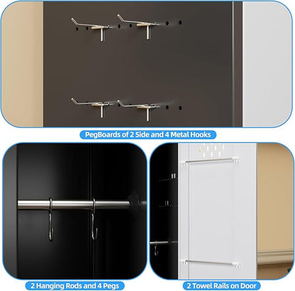 72" H Broom Closet Storage Cabinet, Metal Garage Storage Cabinet with Wheels, Pegboard, Locking Door and Hooks for Garage, Home, Utility Cleaning Cabinet for Broom and Mops, Black and White