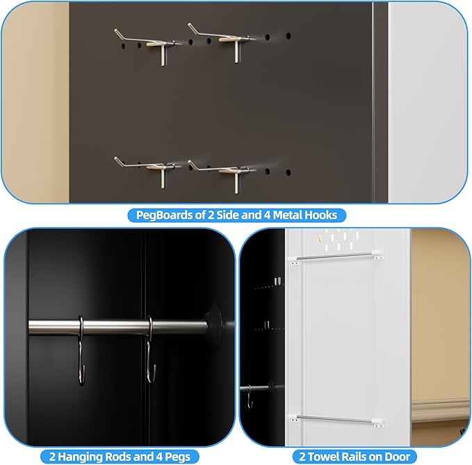 Broom Closet Storage Cabinet, 72" H Garage Storage Cabinet with Wheels, Lockable Door and Hooks for Garage Cleaning Supplies Broom Mops, Assembly Required,Black Gray