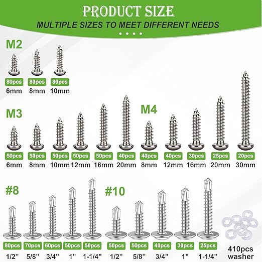 mxuteuk 1505PCS Self Tapping Screws Assortment Kits,#8#10 410 Stainless Steel Truss Head Self Drilling Screws and M2 M3 M4 Carbon Steel Phillips Pan Head Self Tapping Screws for Plastic,Wood
